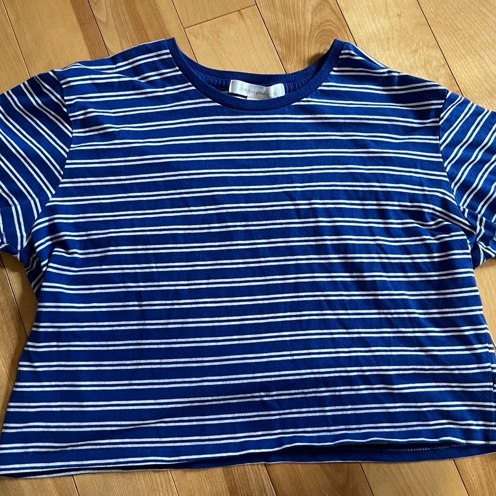 Cropped blue & white striped t shirt